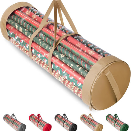 Christmas Wrapping Paper Organizer Storage, 41" Gift Wrapping Paper Storage Containers, Clear PVC with Durable 600D Oxford Fabric Gift Wrap Paper Holder Fits 18-25 Rolls, Golden