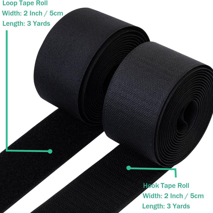 2 Inch Sew on Hook and Loop Strips | Easy to Sew | Excellent Grip | Non-Adhesive Back Nylon Fabric Fastener Strips for Clothing Sewing Crafts and DIY Projects, Black, 2in x 3yd