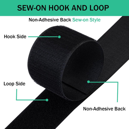 2 Inch Sew on Hook and Loop Strips | Easy to Sew | Excellent Grip | Non-Adhesive Back Nylon Fabric Fastener Strips for Clothing Sewing Crafts and DIY Projects, Black, 2in x 3yd