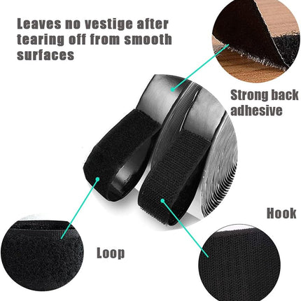 Self Adhesive Hook and Loop Tape Roll 3/4 Inch Black Strong Adhesive Interlocking Tape for Picture and Tools Hanging Pedal Board Fastening 12.6 Yard