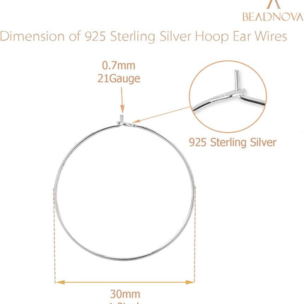 925 Sterling Silver Hoop Ear Wires Hoop Earrings Wires Earwires for Jewelry Making Earrings Making DIY (2pcs, 30mm)