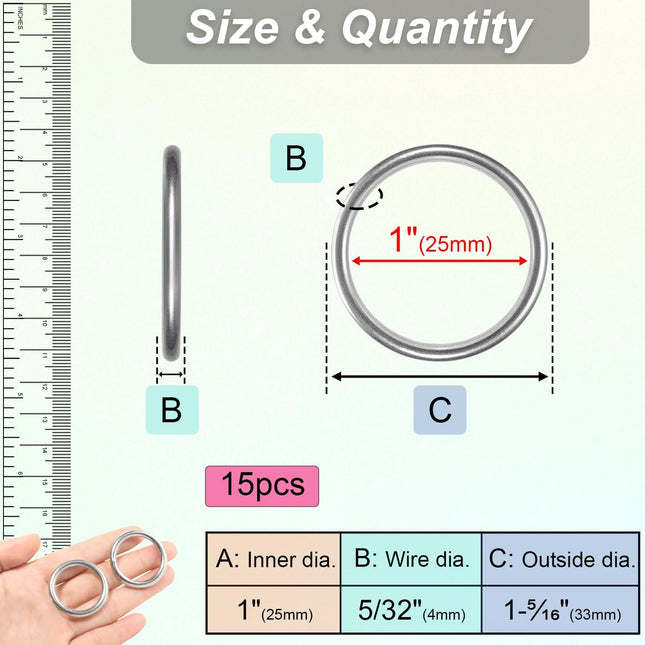 CooBigo 15pcs 1 Inch Stainless Steel Ring Buckle Metal O Rings Buckles Solid Welded Loop – product detail