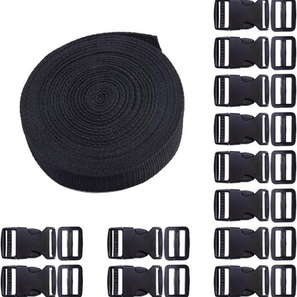 Plastic Buckle Kit Nylon Strap with Quick Release Buckle 12 Sets 1 Inch and Tri-Glide Slides with 11 Yards Nylon Strapping 1 Inch (Black)