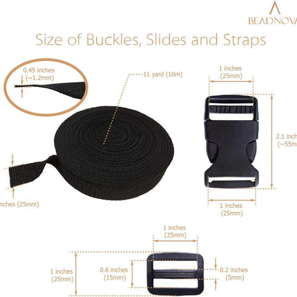 Plastic Buckle Kit Nylon Strap with Quick Release Buckle 12 Sets 1 Inch and Tri-Glide Slides with 11 Yards Nylon Strapping 1 Inch (Black)