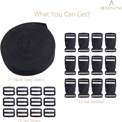 Plastic Buckle Kit Nylon Strap with Quick Release Buckle 12 Sets 1 Inch and Tri-Glide Slides with 11 Yards Nylon Strapping 1 Inch (Black)