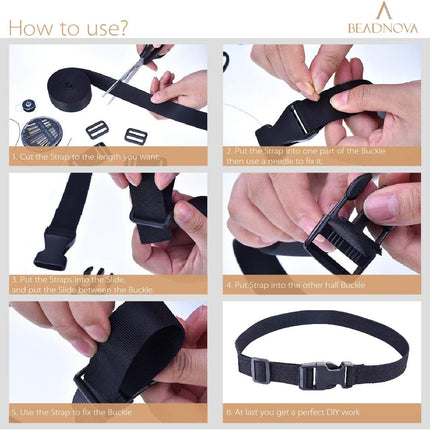Plastic Buckle Kit Nylon Strap with Quick Release Buckle 12 Sets 1 Inch and Tri-Glide Slides with 11 Yards Nylon Strapping 1 Inch (Black)