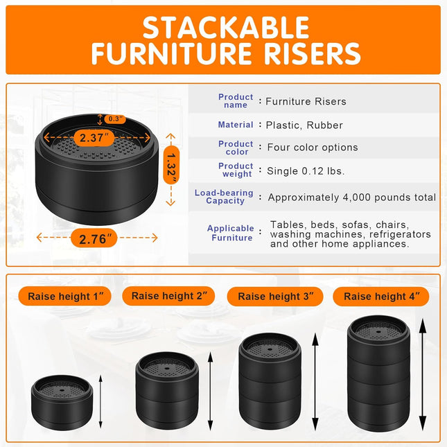 Furniture Risers Bed Risers Heavy Duty 1 inch 2 inch 3 4 Round Adjtable (1 Plus 1 Black 4 – product detail