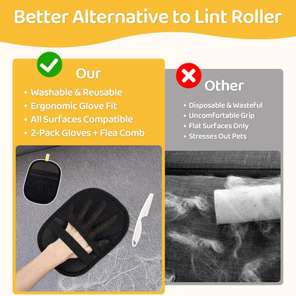 Pet Hair Removal Glove for Dogs & Cats, Upgraded 2PCS Electrostatic Pet Hair Remover with Grooming Comb, Reable Washable Magic Brh Hair Tool Mitt for Clothing, Couch, Carpet, Car Seat