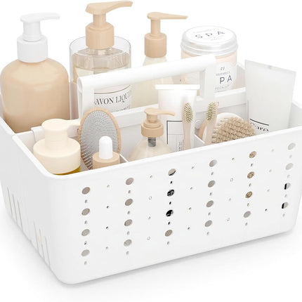 Shower Caddy Portable, Cleaning Supplies Caddy Organizer with Handle and Adjtable Dividers, Plastic Shower Basket for Dorm Room Essentials, College, Bathroom, White, 1 Pack