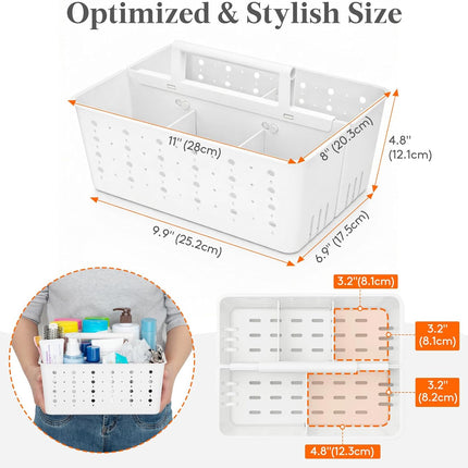 Shower Caddy Portable, Cleaning Supplies Caddy Organizer with Handle and Adjtable Dividers, Plastic Shower Basket for Dorm Room Essentials, College, Bathroom, White, 1 Pack
