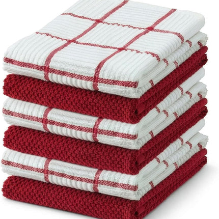 6 Pack Large Kitchen Towels, 16x27 inch Absorbent Dishcloths, 100% Cotton Cleaning Cloth, Red Set (Pack of 6)