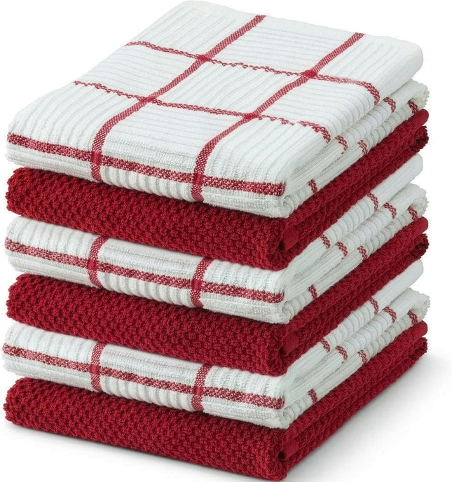 6 Pack Large Kitchen Towels 16x27 inch Absorbent Dishcloths 100 Percent Cotton Cleaning Cloth Red Set (Pack