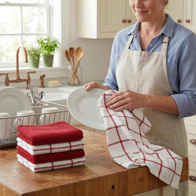 6 Pack Large Kitchen Towels 16x27 inch Absorbent Dishcloths 100 Percent Cotton Cleaning Cloth Red Set – product detail