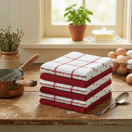 6 Pack Large Kitchen Towels, 16x27 inch Absorbent Dishcloths, 100% Cotton Cleaning Cloth, Red Set (Pack of 6)