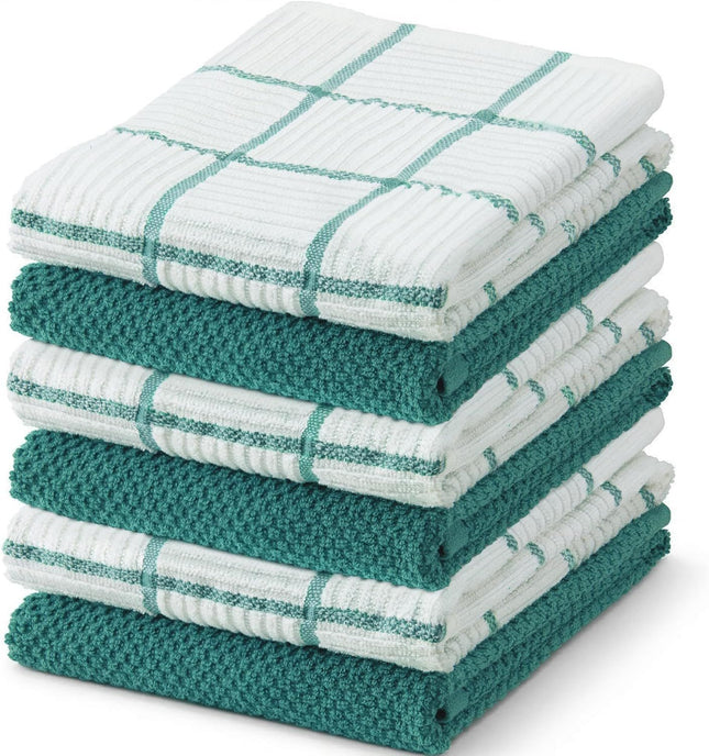 6 Pack Large Kitchen Towels 16x27 inch Absorbent Dishcloths 100 Percent Cotton Cleaning Cloth Teal Set
