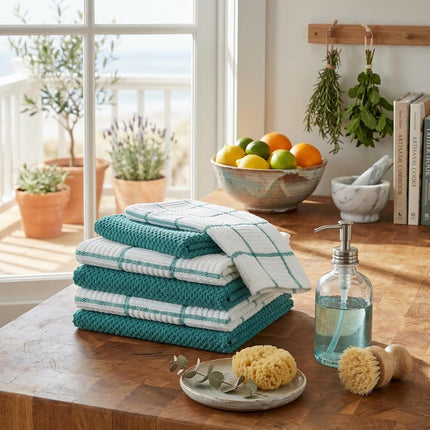 6 Pack Large Kitchen Towels, 16x27 inch Absorbent Dishcloths, 100% Cotton Cleaning Cloth, Teal Set (Pack of 6)