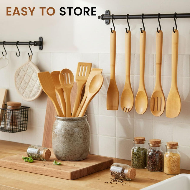 7-Piece Bamboo Kitchen Utensils Set Wooden Spoons & Spatulas for Nonstick Cookware – product detail