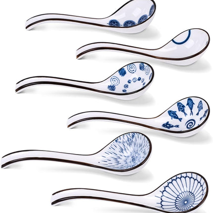 Asian Soup Spoon, 6 PCS Ceramic Soup Spoons for Ramen, Pho, Wonton, Miso, Dumplings, Rice, Noodle, Elegant Gifts for Friends Parents Family, with Long Handle, Easy to Hold, Non-slip Bottom
