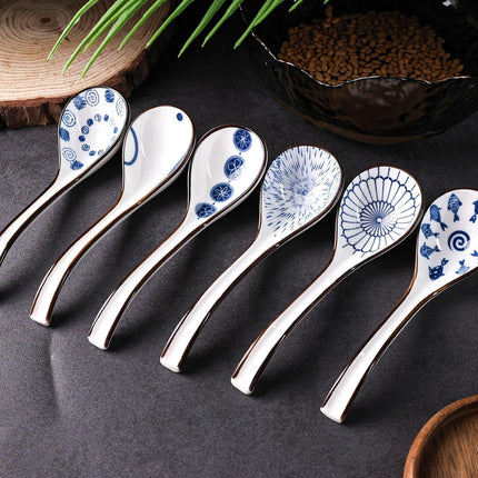Asian Soup Spoon, 6 PCS Ceramic Soup Spoons for Ramen, Pho, Wonton, Miso, Dumplings, Rice, Noodle, Elegant Gifts for Friends Parents Family, with Long Handle, Easy to Hold, Non-slip Bottom