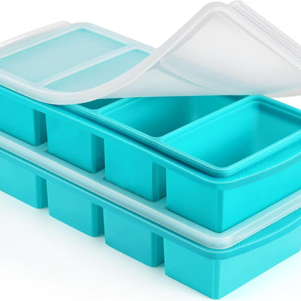 Silicone Freezer Tray with Lid - 1 Cup Silicone Food Freezer Tray - Large Ice Cube Freezer Molds - Soup, Sauce, leftovers, Homemade Meal Prep Freezing Kitchen Storage Containers - Aqua - 2-Pack