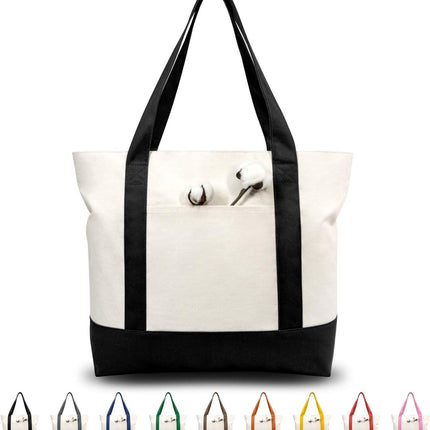 1 | 3 | 6 | 30 Pack Canvas Tote Bag with an External Pocket, Reusable Grocery Shopping Bag, Top Zipper Closure, Daily Essentials (Black/Natural Pack of 1)