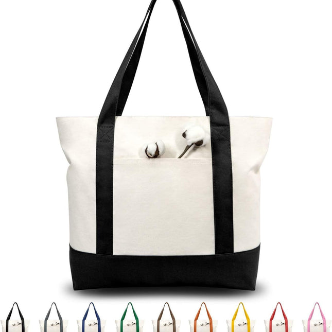 1 | 3 | 6 | 30 Pack Canvas Tote Bag with an External Pocket, Reusable Grocery Shopping Bag, Top Zipper Closure, Daily Essentials (Black/Natural Pack of 1)