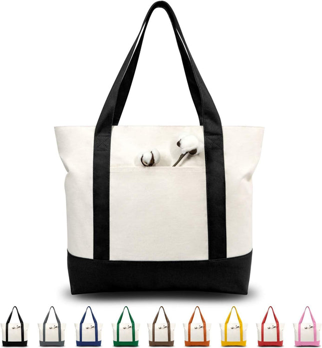 1 3 6 30 Pack Canvas Tote Bag with an External Pocket Reusable Grocery Shopping Bag Top Zipper Closure