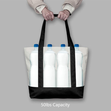 1 | 3 | 6 | 30 Pack Canvas Tote Bag with an External Pocket, Reusable Grocery Shopping Bag, Top Zipper Closure, Daily Essentials (Black/Natural Pack of 1)