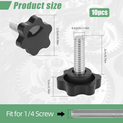 10PCS 1/4-20 Black Star Knobs, Threaded Knurled Thumb Nuts for Mechanical Instrument, Grip Knob Screw/Star Hand Knob for Umbrella Base Replacement, Female Threaded Hexagon Head Thru Knob