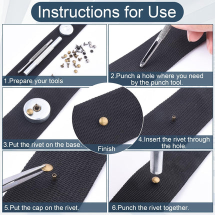200Sets 6mm Leather Rivets + 7pcs Rivets Setting Tools for Install Leather Bag Belt Shoe Boot Hats Pet Collar Keychain Clothing