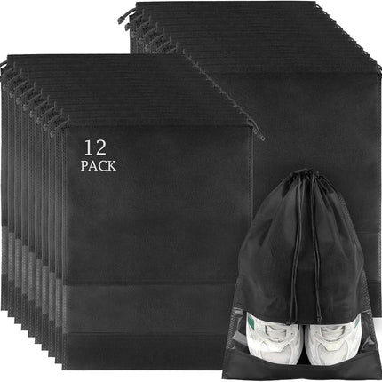 12 Pack Large Shoe Bags for Packing with Clear Window, Dustproof Drawstring Travel Shoe Storage Bags for Men & Women, Black