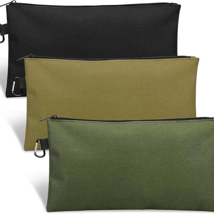 3 Pack Tool Bag Zipper Pouch, Premium Tool Pouch, Utility Multipurpose Storage Organizer Tool Pouches with Carabiner Metal Zipper for Tools, Stationary, Pencil Pouch (3 Pack, Tan, Navy Green, Black)