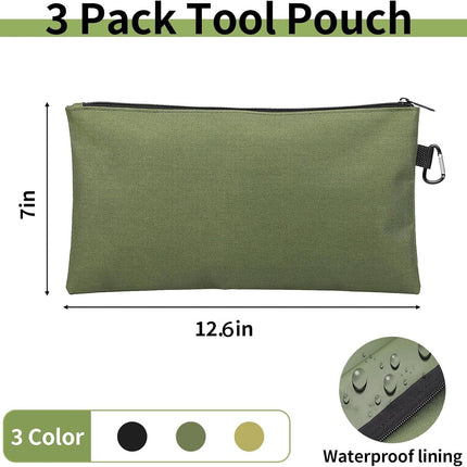 3 Pack Tool Bag Zipper Pouch, Premium Tool Pouch, Utility Multipurpose Storage Organizer Tool Pouches with Carabiner Metal Zipper for Tools, Stationary, Pencil Pouch (3 Pack, Tan, Navy Green, Black)