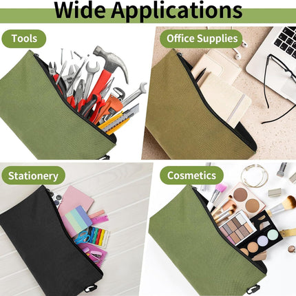 3 Pack Tool Bag Zipper Pouch, Premium Tool Pouch, Utility Multipurpose Storage Organizer Tool Pouches with Carabiner Metal Zipper for Tools, Stationary, Pencil Pouch (3 Pack, Tan, Navy Green, Black)