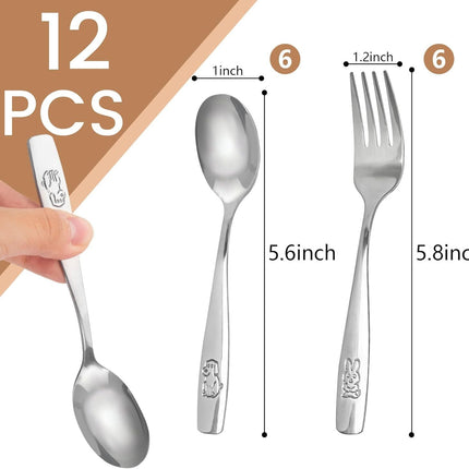 12PCS Toddler Utensils, Stainless Steel Kids Silverware, Safe Toddler Forks and Spoons, Mirror Polished, Dishwasher Safe, with Bunny & Puppy Motifs, Fun Stocking Stuffers for Kids