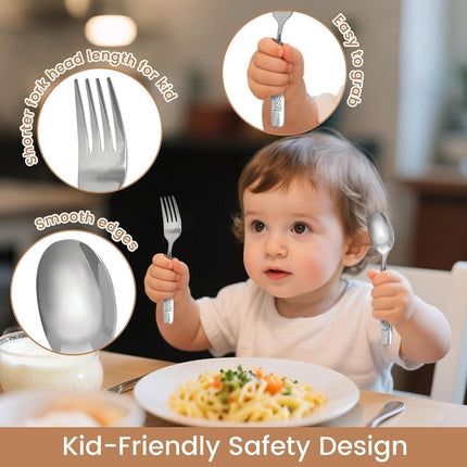 12PCS Toddler Utensils, Stainless Steel Kids Silverware, Safe Toddler Forks and Spoons, Mirror Polished, Dishwasher Safe, with Bunny & Puppy Motifs, Fun Stocking Stuffers for Kids