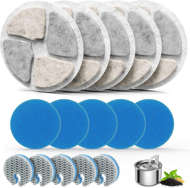 Stainless Steel Cat Water Fountain Filters 5 Pack Replacement Filters Fit for Round 2L/67oz Automatic