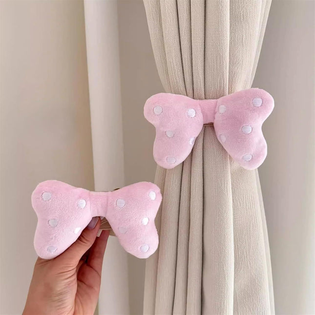 2 Pack Curtain Tiebacks with Pink Plush Bow and White Polka Dot Snap Button Closure Curtains Holdbacks for