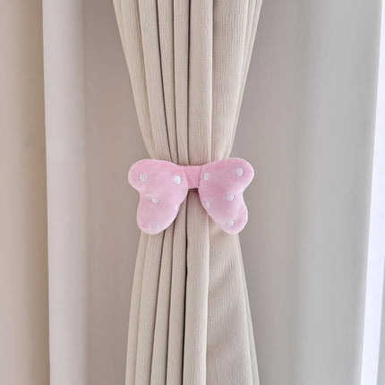 2 Pack Curtain Tiebacks with Pink Plush Bow and White Polka Dot, Snap Button Closure Curtains Holdbacks for Window Decor (Pink)