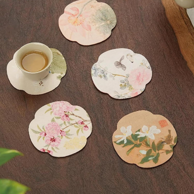 Floral Tea Cup Coasters Set of 5 Double-Sided Absorbent Pads for Heat Insulation Teaware Accessories