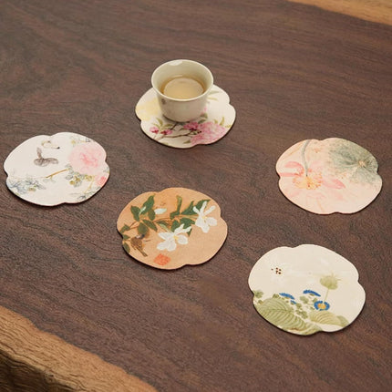 Floral Tea Cup Coasters Set of 5, Double-Sided Absorbent Pads for Heat Insulation, Teaware Accessories (Floral,3.7 inches)