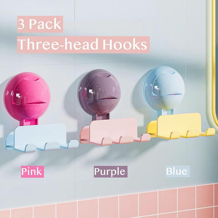 3 Pack Reusable No-Drill No-Trace Vacuum Suction Hooks, Wall-Mounted Toothbrush Holder, Storage Rack for Bathroom (Blue Pink Purple)