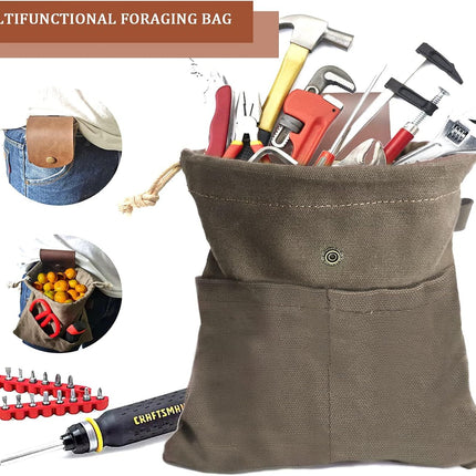 Foraging Pouch Leather Canvas Collapsible Bag Water Resistant Outdoor Camping Storage Folding Bag Mushroom Bags Bushcraft Belt Pouches for Travel Camping Hiking