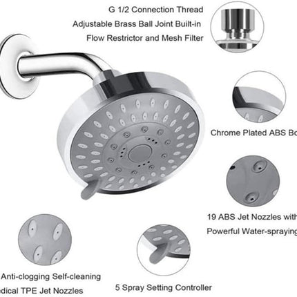 Shower Head High High Flow Pressure Rain Fixed Showerhead 5-Setting with Bathroom Showerhead with Adjustable Brass Ball Joint - for Luxury Shower Experience Even at Low Water Pressure