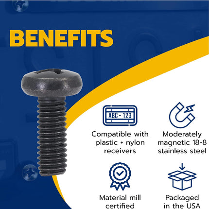 Black License Plate Screws for Lexus, Toyota, and Honda, Phillips Machine Pan Head 18-8, Stainless Steel, M6-1.0 x 16 mm Bolt (Pack of 4)