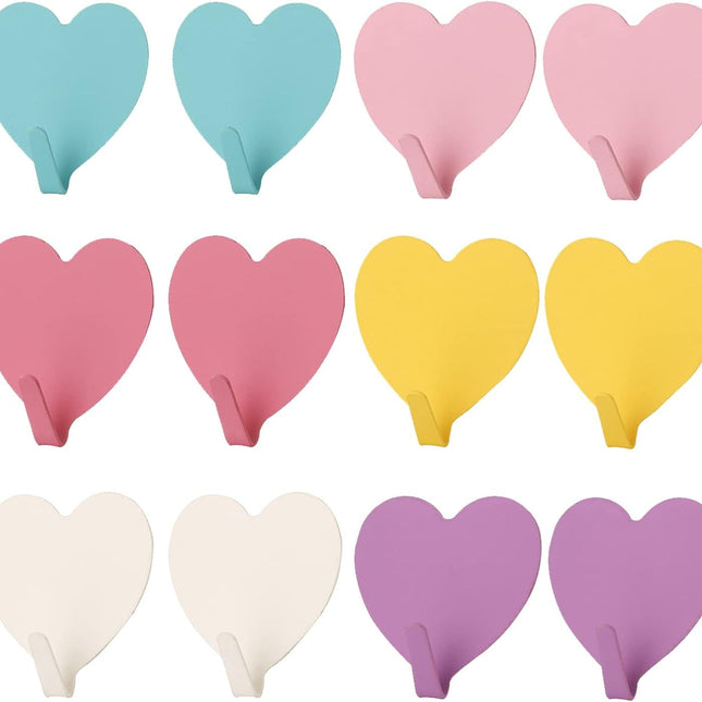 12 Pack Heart Shaped Decorative Wall Hooks, Stainless Steel Strong Adhesive Wall Hook for Home Kitchen Bathroom (Multicolor)