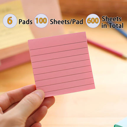 Pink Lined Sticky Notes, 3"x3" Self-Stick Note Pads, 6 Pads, 100 Sheets/Pad, Total 600 Sheet