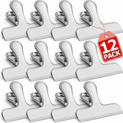 12 Pack Stainless Steel Chip Clips, Bag Clips for Food, Heavy Duty Snack Clip Metal Clip to Seal Coffee Bags, Ideal for Office and Kitchen Use, Binder Clip Large - 3 Inches, Silver