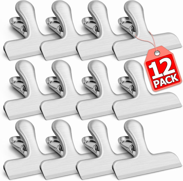 12 Pack Stainless Steel Chip Clips Bag Clips for Food Heavy Duty Snack Clip Metal V1258-DP02-E-790 in Silver