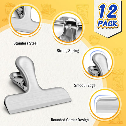 12 Pack Stainless Steel Chip Clips, Bag Clips for Food, Heavy Duty Snack Clip Metal Clip to Seal Coffee Bags, Ideal for Office and Kitchen Use, Binder Clip Large - 3 Inches, Silver